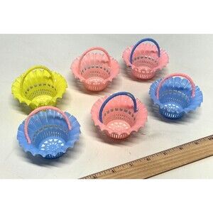6 Vintage Plastic Nut Cups Basket Party Favors Pink, Yellow, Blue 1950s